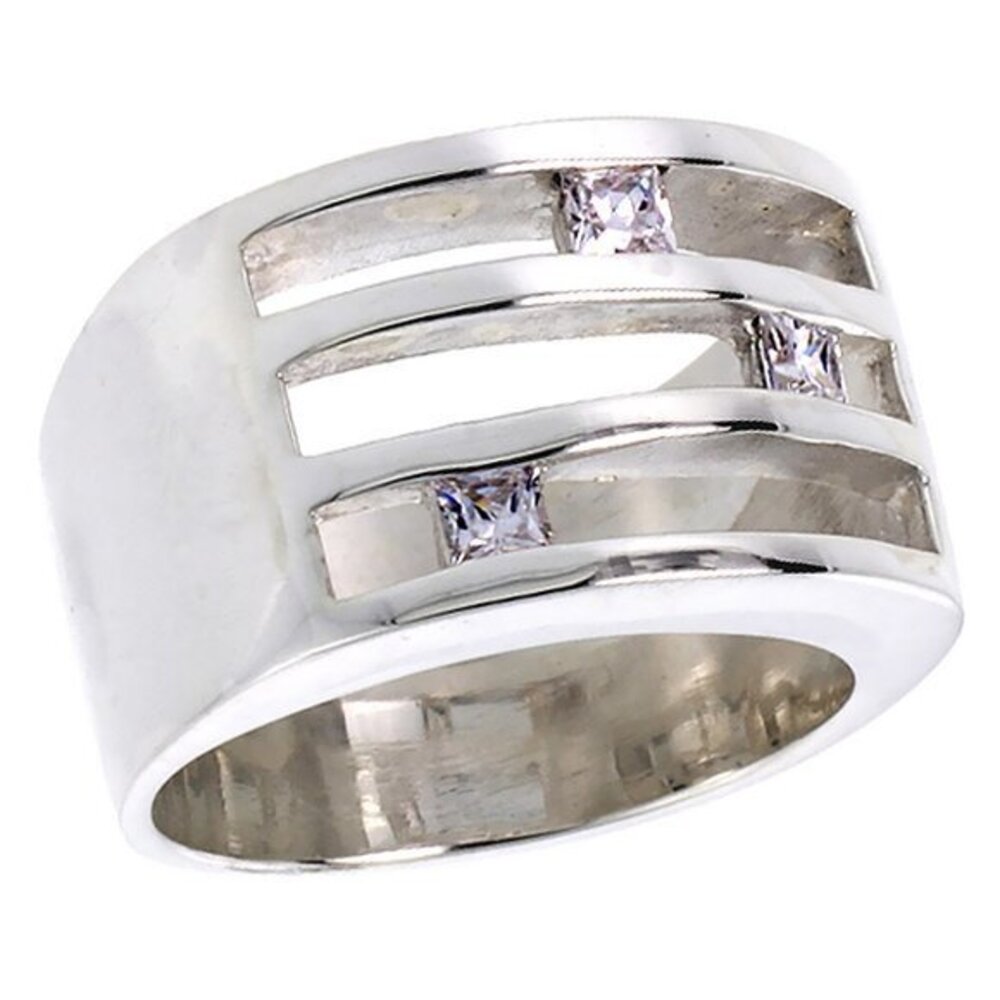 Sterling Silver 3-stone Ring Princess Wedding Band